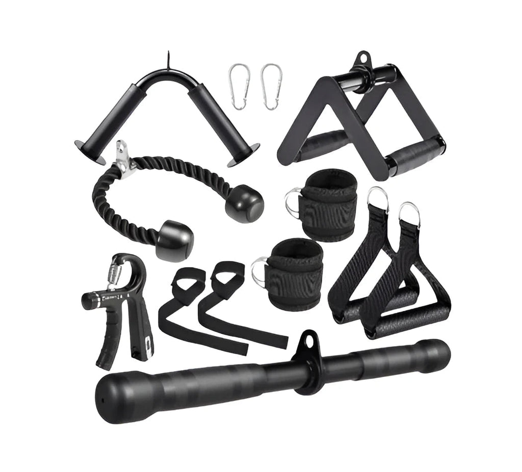 10-In-1 Cable Machine Attachments Set for Gym - Includes Tricep Rope, V-Bar, Straight Bar, D-Handle, Ankle/Wrist Straps, Storage Bag - Compatible with LAT Pulldown & Home Gym Cable Machines