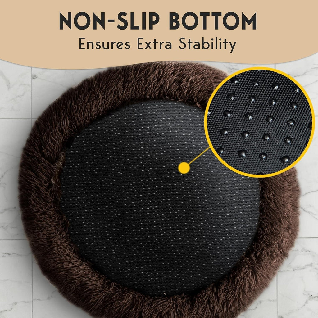 Petjett Calming Dog Bed Medium Size Dog - Donut Bed, Anti-Slip & Washable Super Soft Fluffy Plush round Bed, Anti-Anxiety Premium Comfort Pet Bed, Fits Dogs- Brown